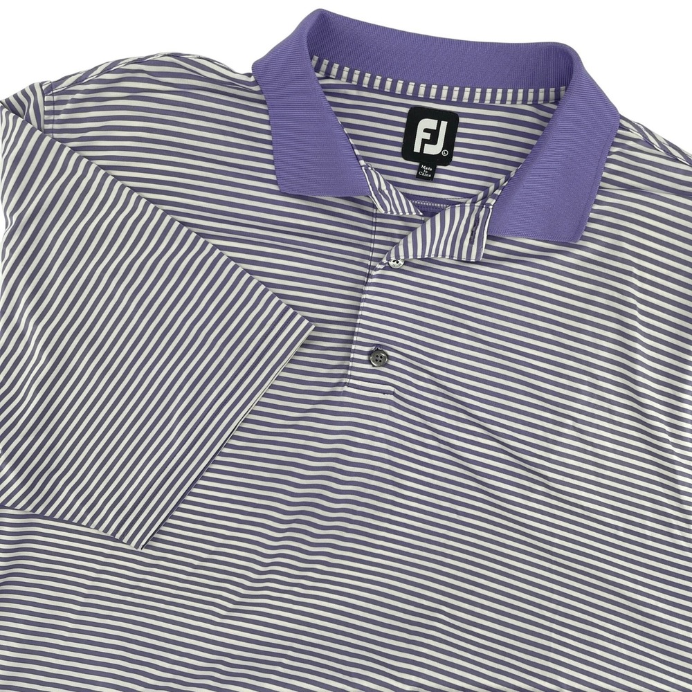 FJ FootJoy‎ Mens Large Striped Golf Polo Shirt Purple White Short Sleeve
